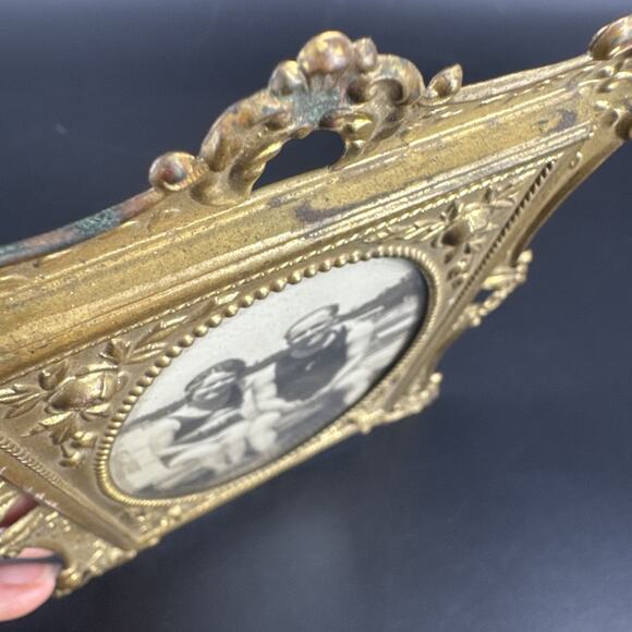 Vintage Antique Small Ornate Brass Framed Portrait Embossed Flower Design - Picture 12 of 12